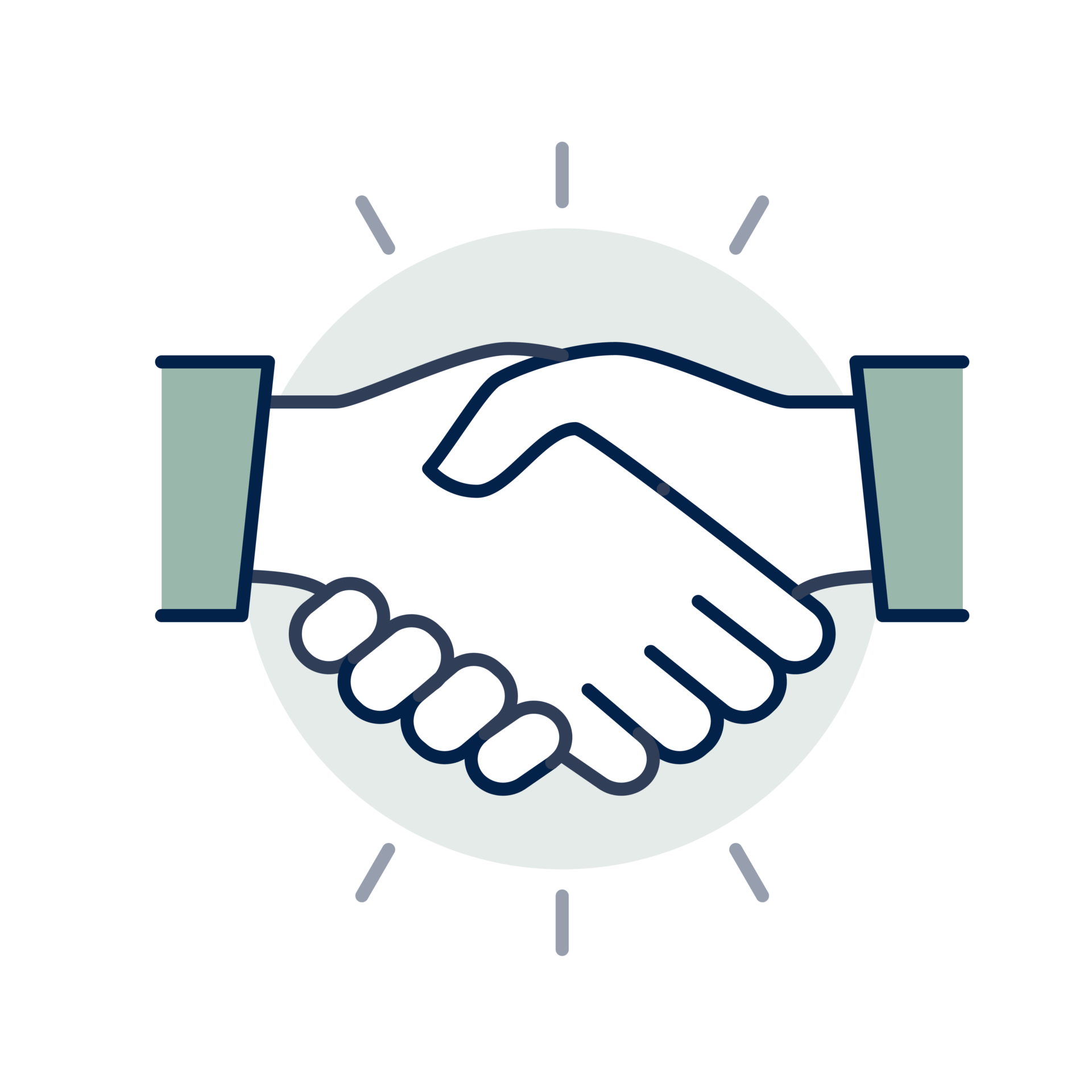 Two stylized hands shaking, symbolizing agreement or partnership, against a dark green circular background with radiating lines indicating mutual understanding and collaboration.