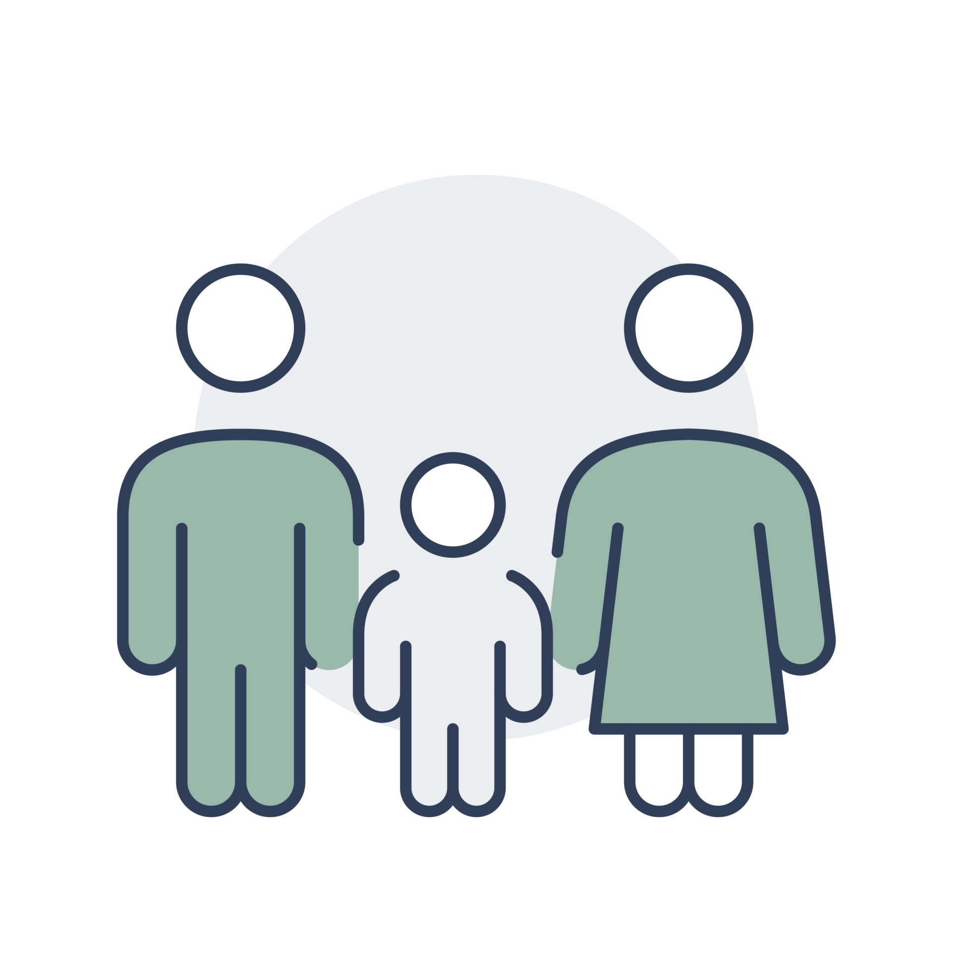 An illustration of three people, two adults and one child, depicted in a simple, minimalist style with a circular background.