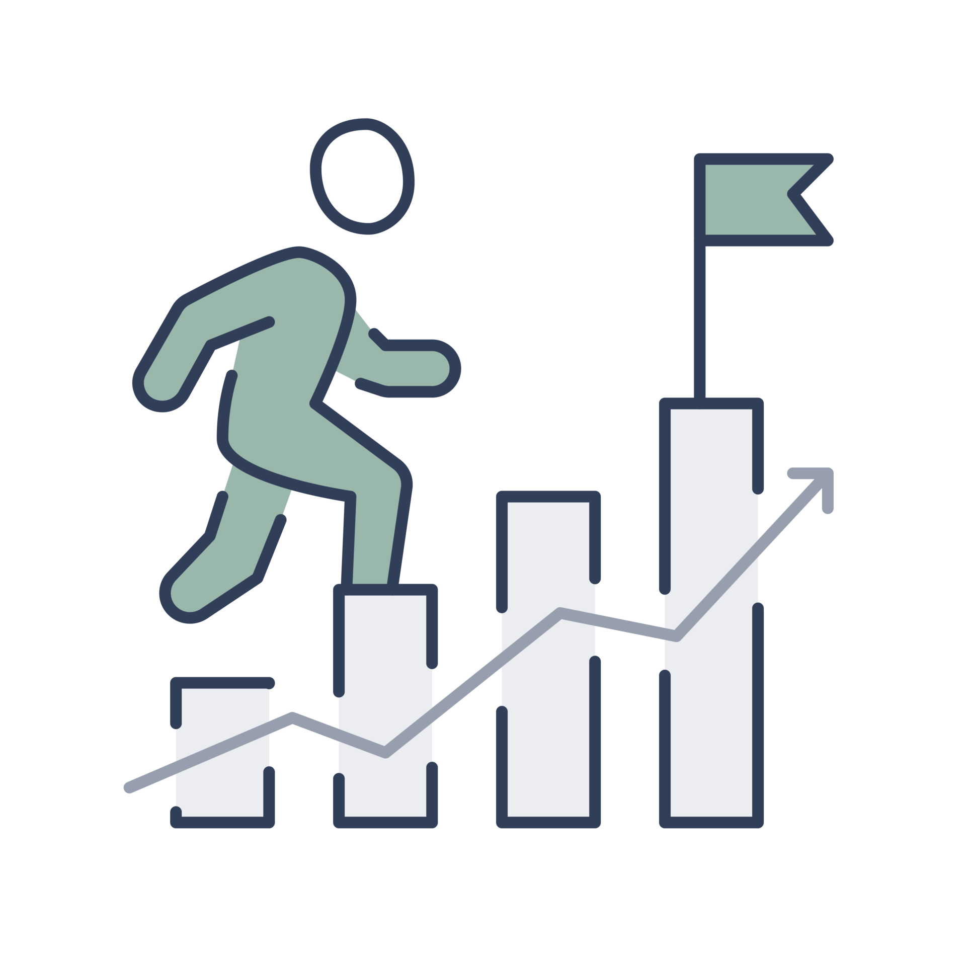 Illustration of a person climbing bar charts towards a flag. Represents progress, growth, and success. Arrow indicates upward movement and achievement.