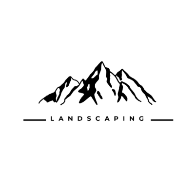 A minimalist logo features mountain peaks above the word "Landscaping," with clean lines and a simple design conveying a nature-oriented theme.