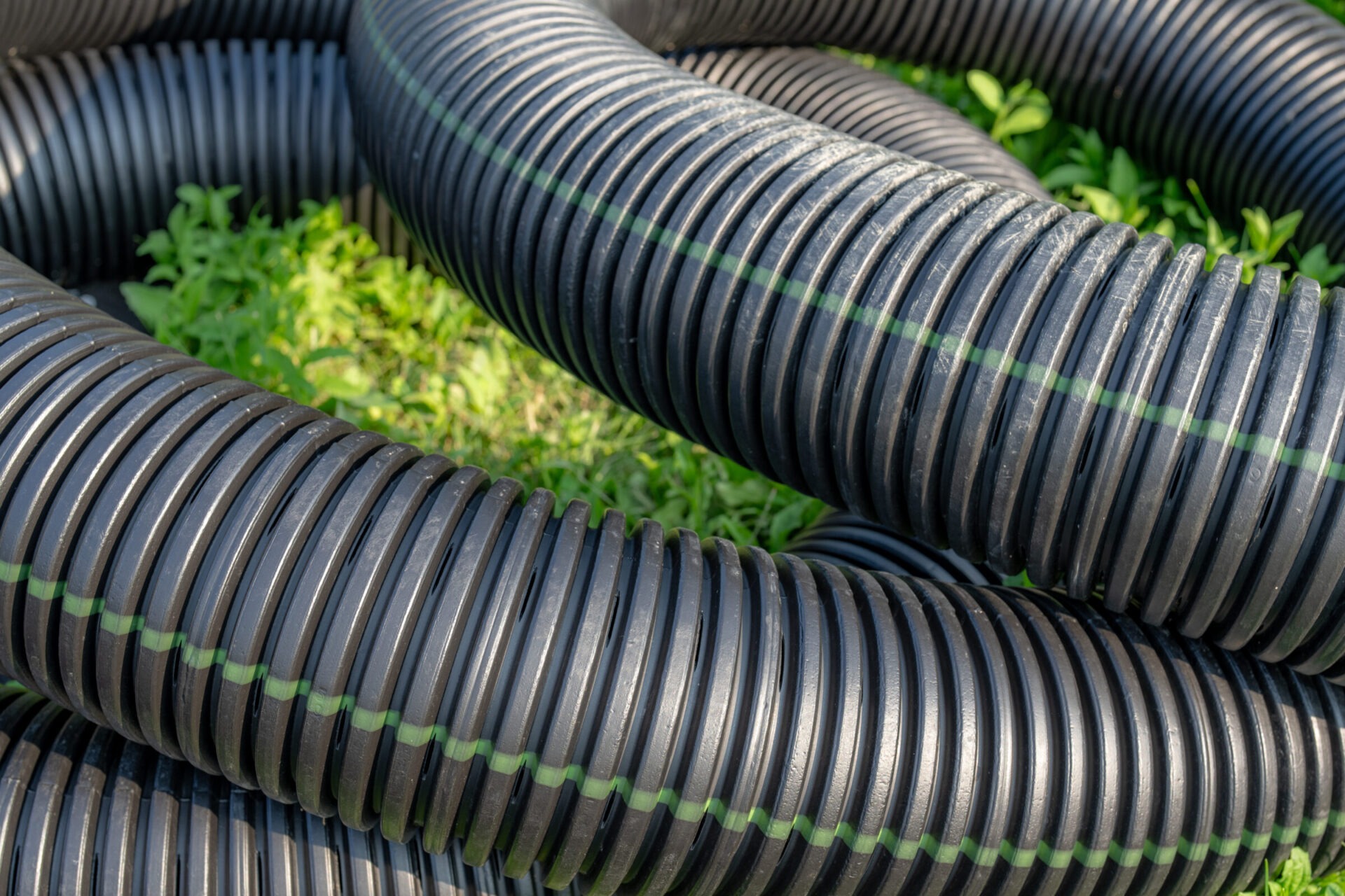 Black corrugated pipes are coiled on the ground among lush green plants, creating a contrast between industrial and natural elements.