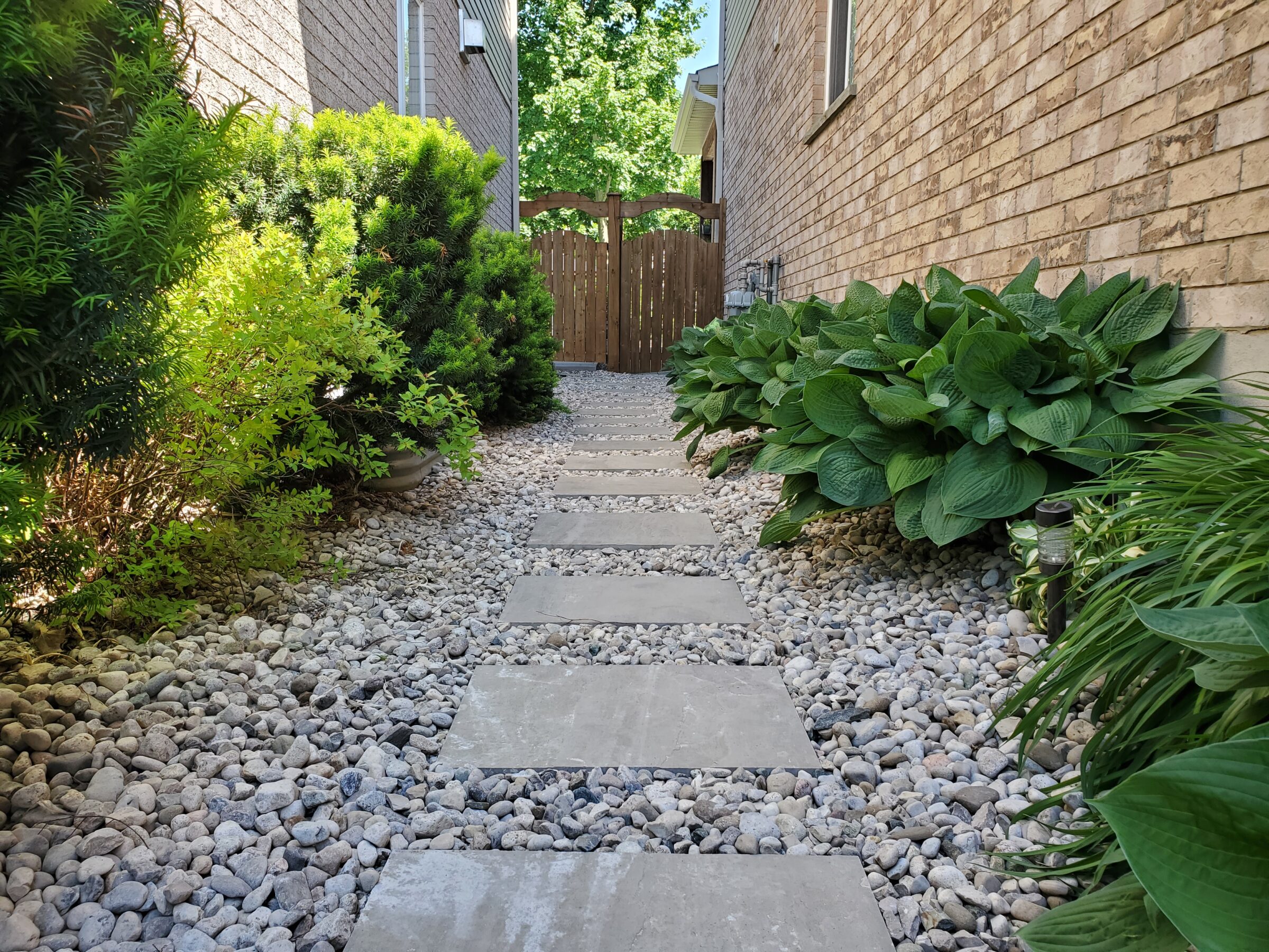 A stone path bordered by lush green plants runs between two brick buildings, leading to a wooden gate under clear blue skies.