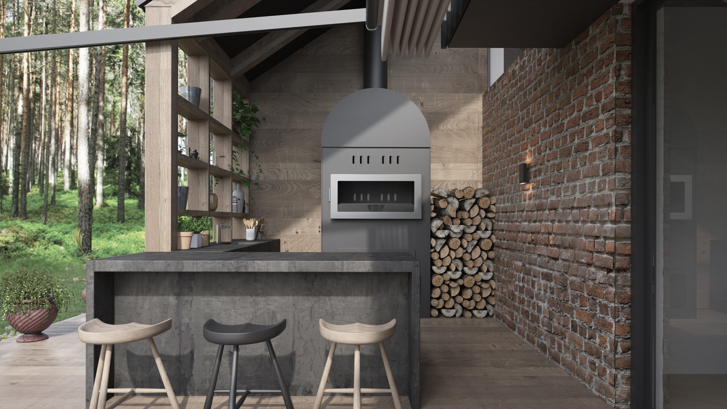 Modern outdoor kitchen with brick and wood design, featuring a barbecue oven, bar counter, stools, and stacked firewood, set against a forest backdrop.