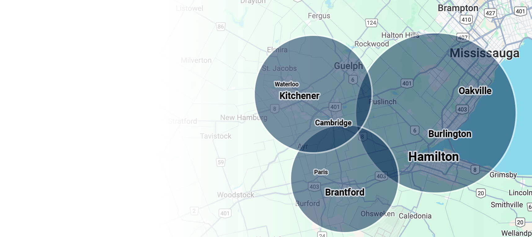 A regional map of Southern Ontario highlights cities including Hamilton, Kitchener, Brantford, Mississauga, Oakville, and Cambridge with overlapping circles.