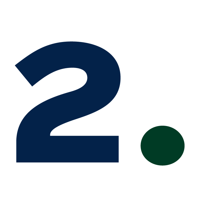 The image displays a bold, navy blue number "2" with a green dot beside it, set against a plain white background.