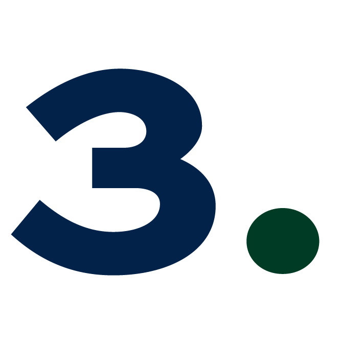 The image shows a large, dark blue number "3" followed by a small dark green dot on a white background.