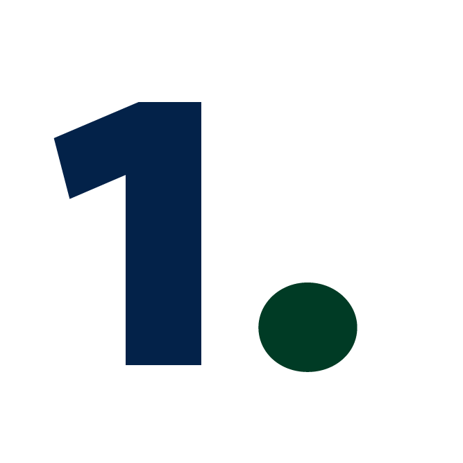 The image shows a large, dark blue number "1" next to a small dark green dot on a white background.