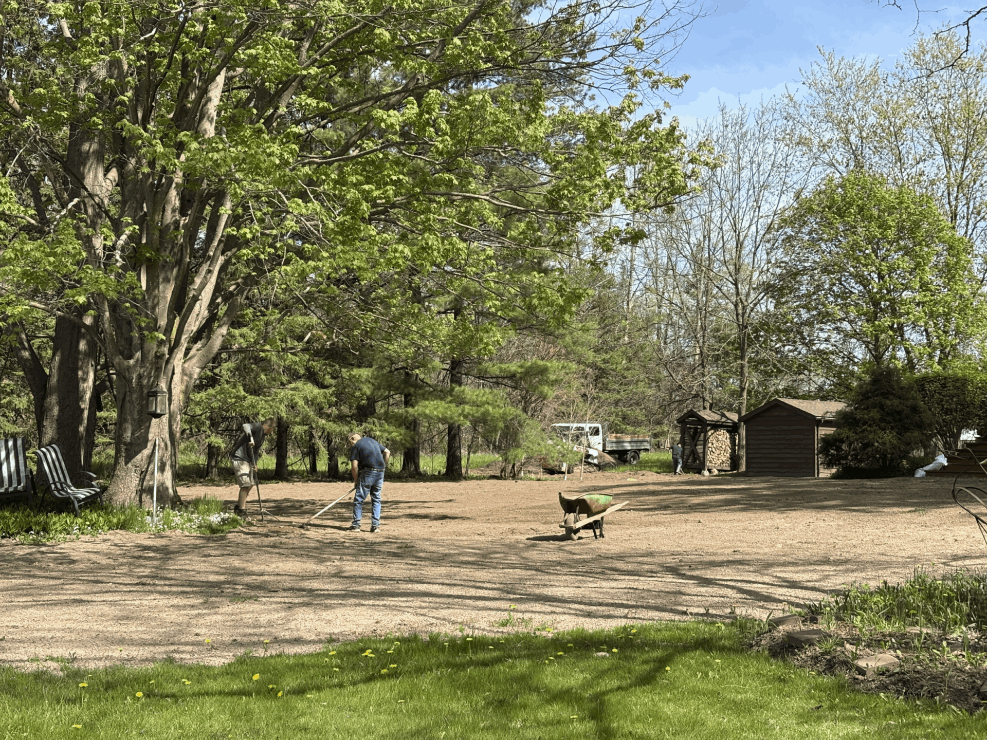 Two people working in a tree-filled yard with a wheelbarrow and tools, near small wooden sheds on a sunny day.