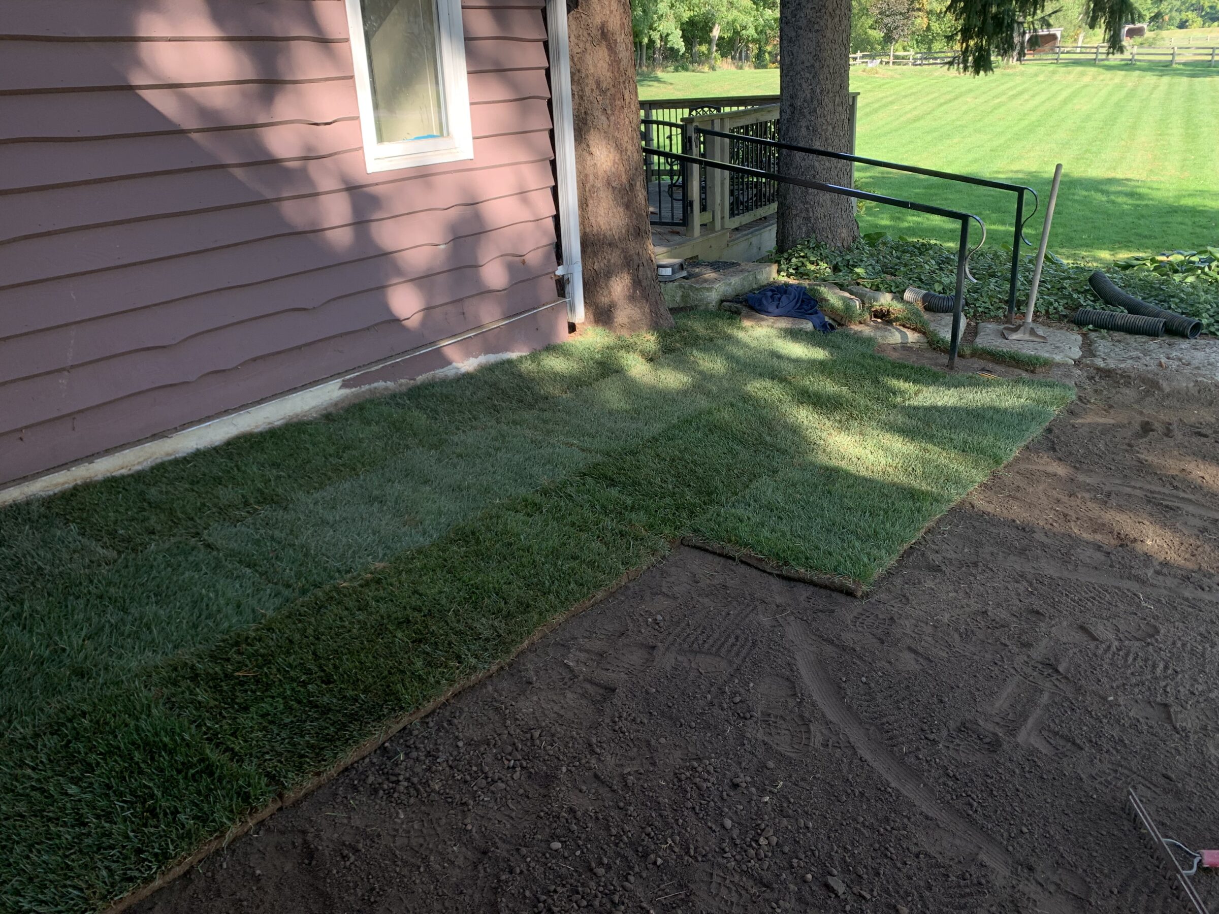 Fresh sod is laid beside a house with brown siding. A railing and trees are nearby, overlooking a neatly trimmed lawn.